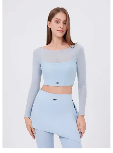 Alo Yoga Long Sleeve Crop Top and Skirt Set Beige Activewear - 37