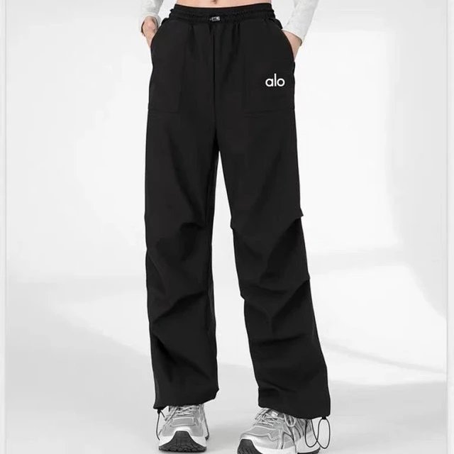 Alo Yoga Trousers Drawstring Wide-Leg Cargo — Black (Standard Style)