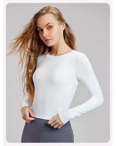 Design Long Sleeve Ruched Back Cutout Top in Light Blue Activewear - 22