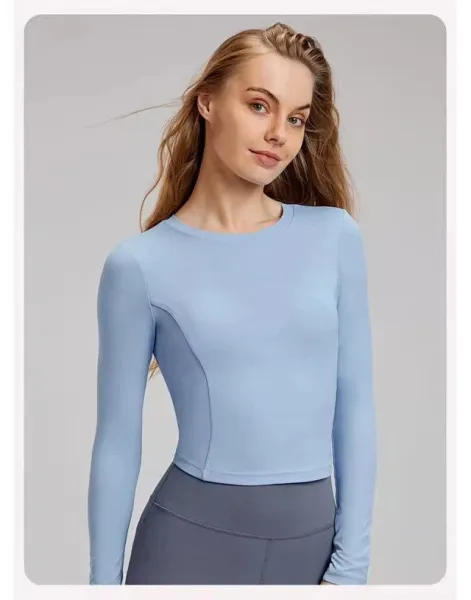 Design Long Sleeve Ruched Back Cutout Top in Light Blue Activewear - 19
