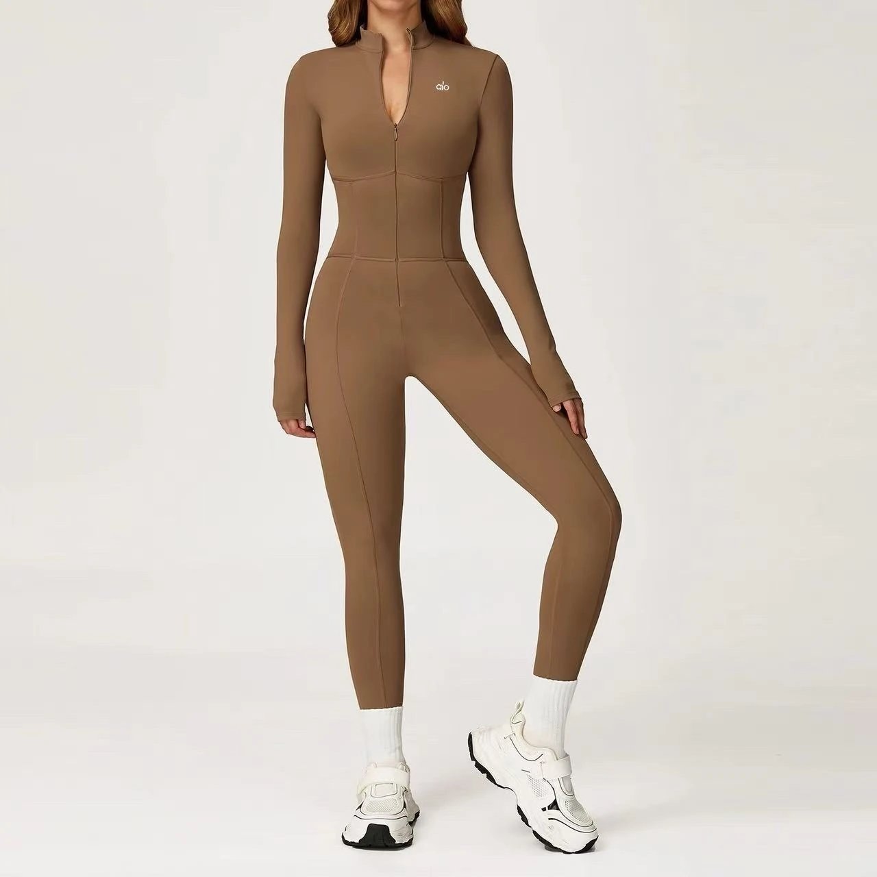 Alo Jumpsuits Long-Sleeve Stand-Collar Zip-Front Activewear Jumpsuit — camel brown