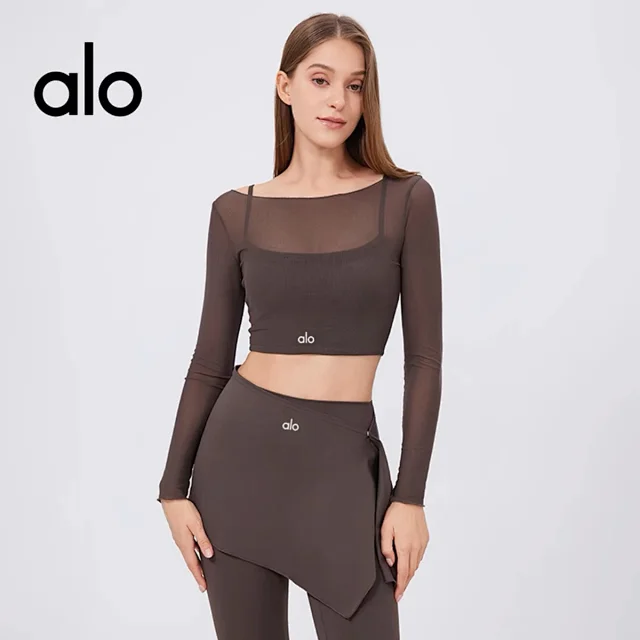 Alo Yoga Matching Sets Mesh long-sleeve crop top with asymmetrical skirt and leggings product detail image 2