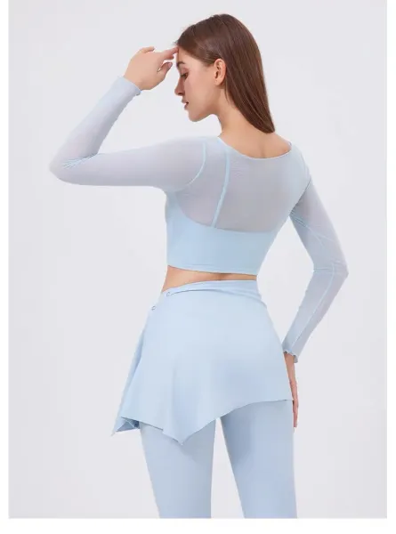 Alo Yoga Long Sleeve Crop Top and Skirt Set Beige Activewear - 39