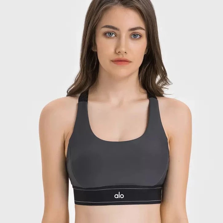 Alo Yoga Matching Sets Sports Bra and Leggings Set with Contrast Piping — Gray single top