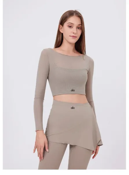 Alo Yoga Long Sleeve Crop Top and Skirt Set Beige Activewear - 29