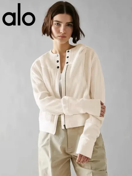 Alo Yoga Ribbed Knit Jacket Beige Outerwear - 16