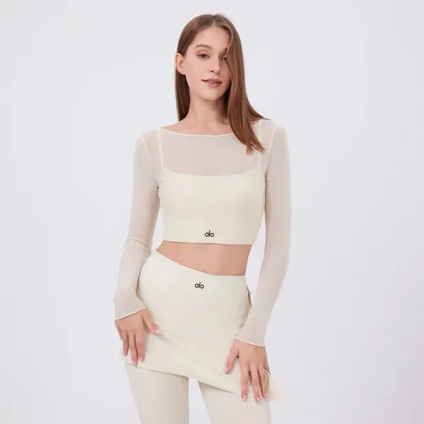 Alo Yoga Long Sleeve Crop Top and Skirt Set Beige Activewear - 7