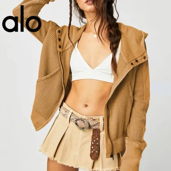 Alo Yoga Ribbed Knit Jacket Beige Outerwear - 10