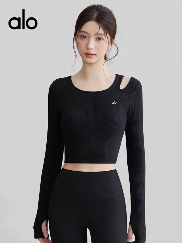 Alo Shirts Ribbed cropped long-sleeve shirt with shoulder cutout and thumbholes product detail image 1