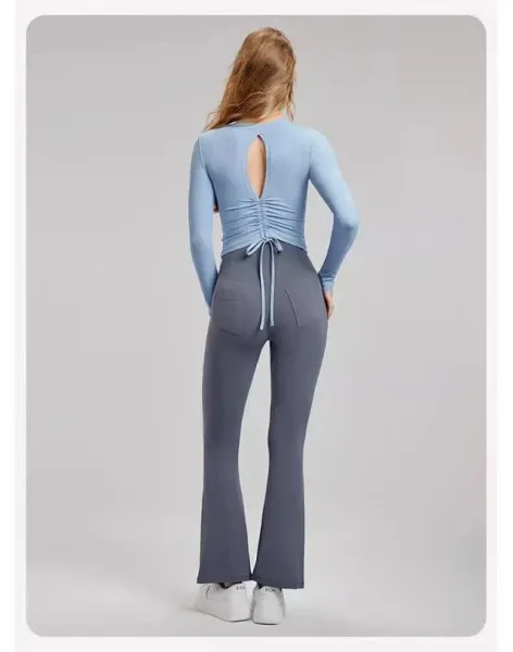 Design Long Sleeve Ruched Back Cutout Top in Light Blue Activewear - 21