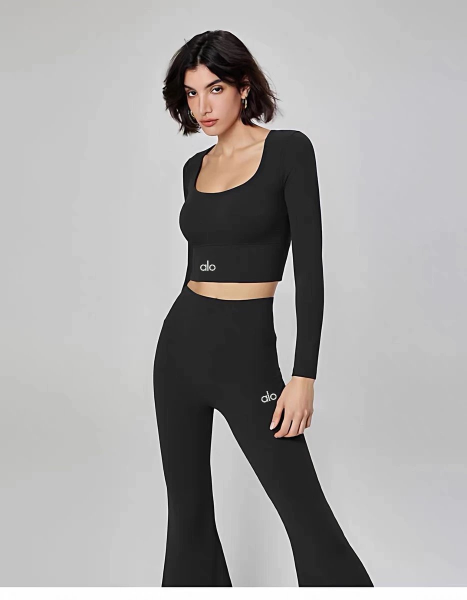 Alo Yoga Long Sleeve Crop Top Beige Activewear - 28
