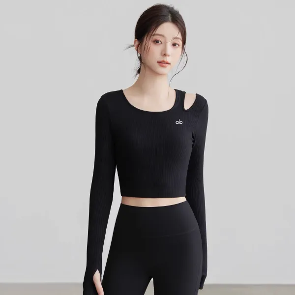 Alo Cold Shoulder Ribbed Cropped Long Sleeve Top Black Activewear - 1