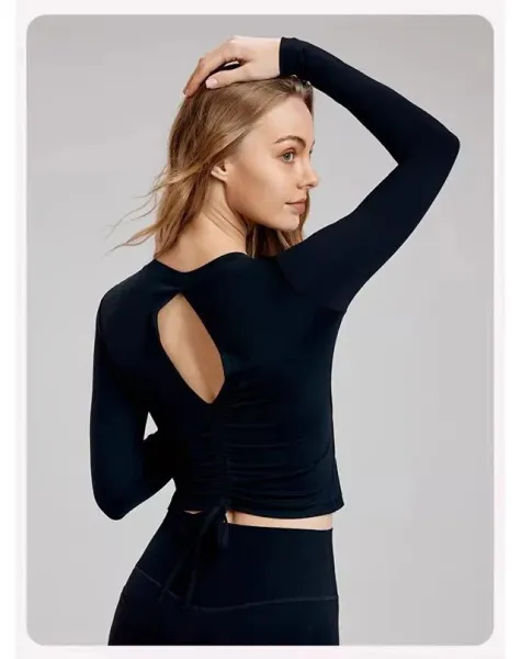Design Long Sleeve Ruched Back Cutout Top in Light Blue Activewear - 26
