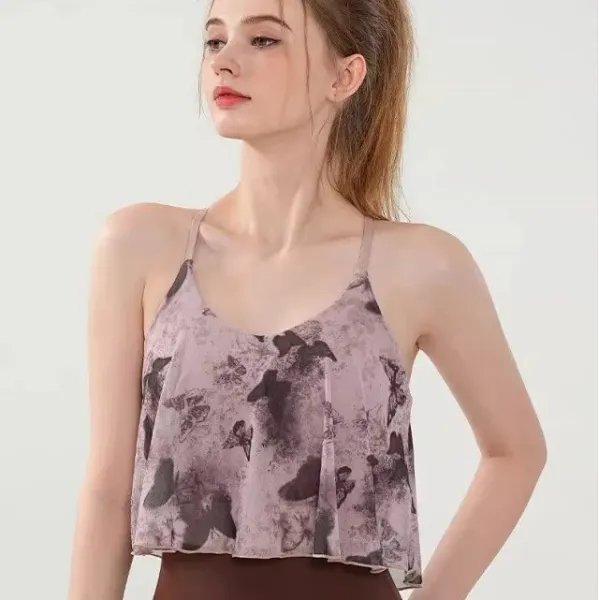 Design Butterfly Print Layered Crop Camisole Top in Mauve Vest Top - 1