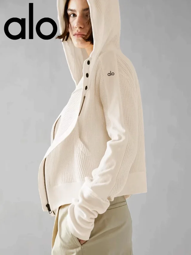 Alo Yoga Hoodies & Sweatshirts Waffle-knit cropped zip-up hooded sweatshirt product detail image 16