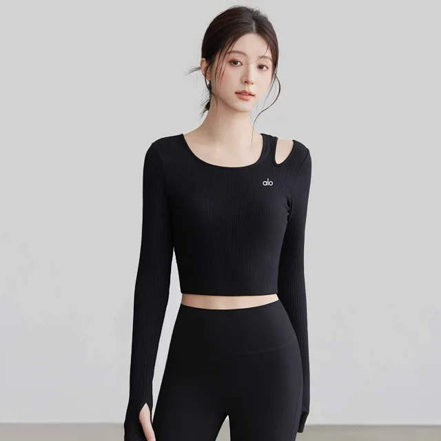 Alo Shirts Ribbed cropped long-sleeve shirt with shoulder cutout and thumbholes product detail image 6