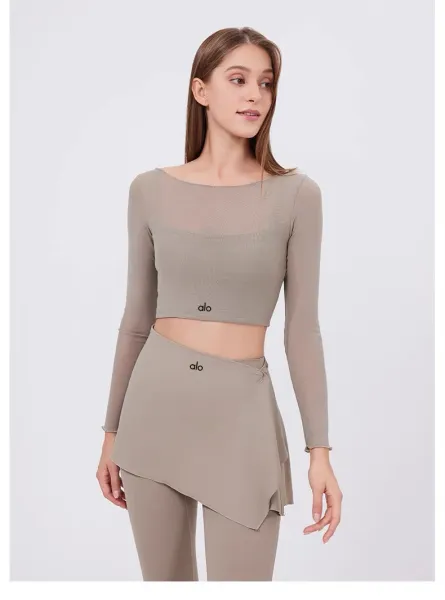 Alo Yoga Long Sleeve Crop Top and Skirt Set Beige Activewear - 28