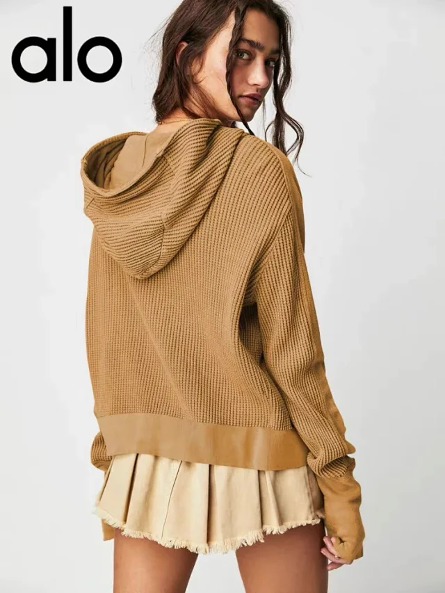 Alo Yoga Hoodies & Sweatshirts Waffle-knit cropped zip-up hooded sweatshirt product detail image 18