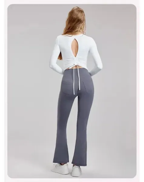 Design Long Sleeve Ruched Back Cutout Top in Light Blue Activewear - 24