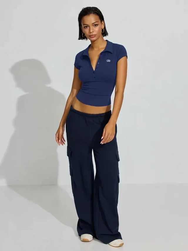 Alo Yoga Shirts Fitted cropped short-sleeve polo shirt product detail image 16