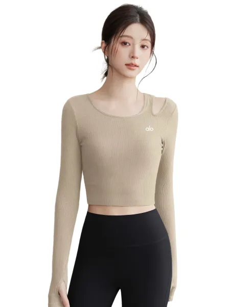 Alo Ribbed Cut-Out Long Sleeve Crop Top Beige Activewear - 6