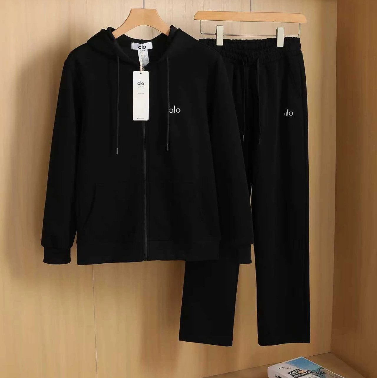 Alo Yoga Tracksuits Zip-up hooded sweatshirt and straight-leg sweatpants set — Black {Straight Pants Jacket}