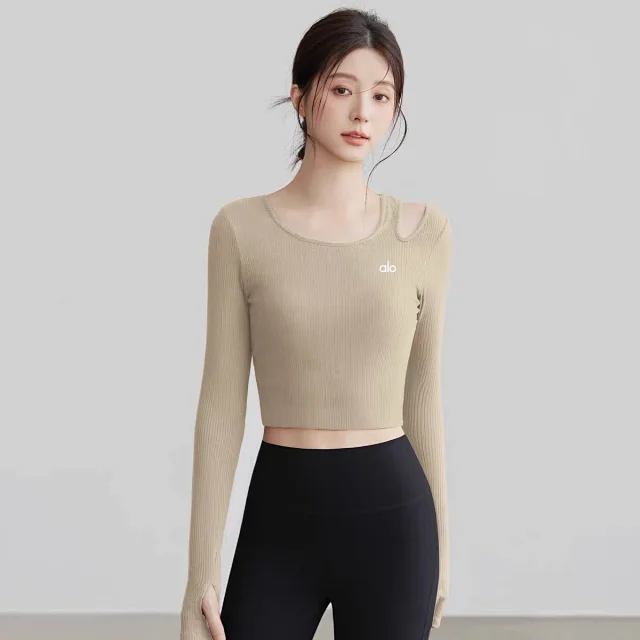 Alo Shirts Ribbed cropped long-sleeve shirt with shoulder cutout and thumbholes product detail image 7
