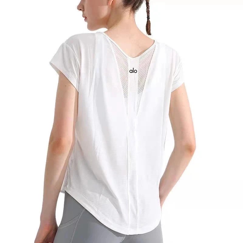 Alo Yoga T-Shirts Women's short-sleeve mesh-back athletic T-shirt — Jiaoyue White