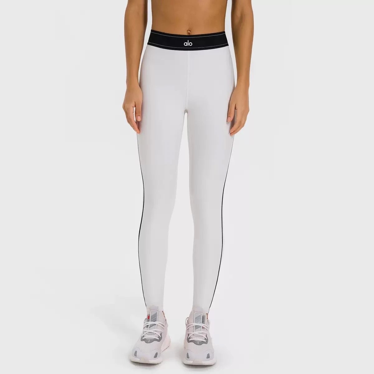Alo Yoga Matching Sets Sports Bra and Leggings Set with Contrast Piping — White pants