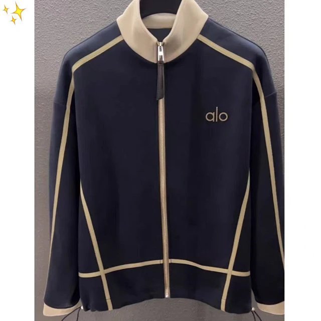 Alo Studio Track Jacket Light Gray with Navy Trim Outerwear - 11