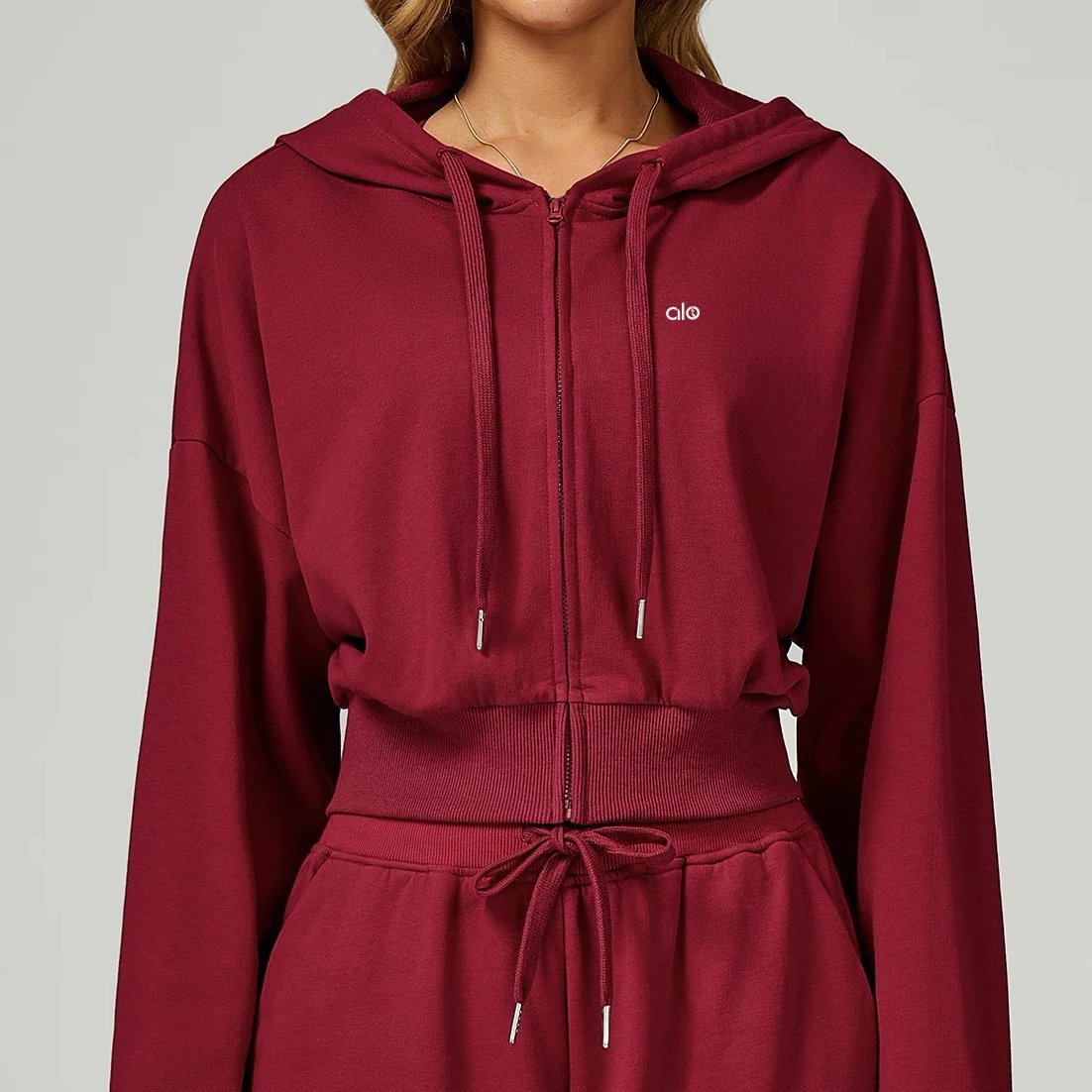 Alo Hoodies & Sweatshirts Cropped zip-up hoodie with drawstring hood — Cherry Red