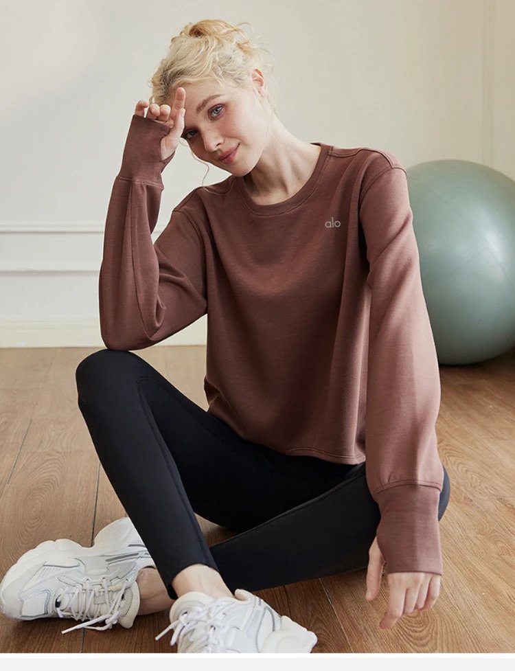 Alo Yoga Cropped Long Sleeve Top Brown Activewear - 10