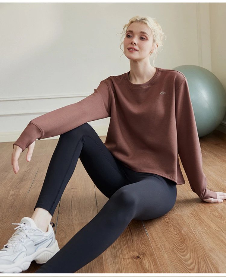 Alo Yoga Cropped Long Sleeve Top Brown Activewear - 16
