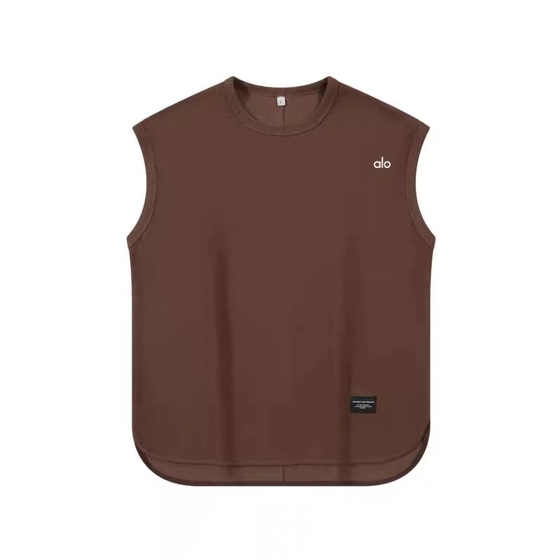 Alo Vests Sleeveless crewneck cotton vest with curved hem — Coffee