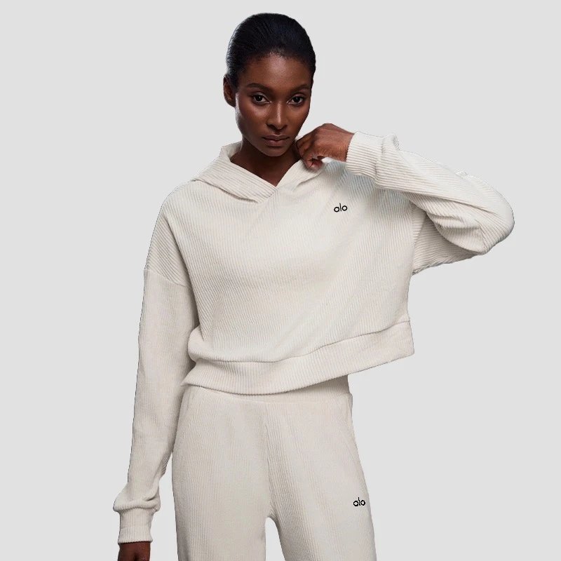 Alo Ribbed Cropped Hoodie and Sweatpants Set Gray - 14