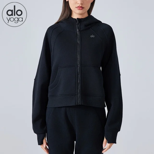 Alo Yoga Hoodies & Sweatshirts Cropped zip-front hooded sweatshirt with kangaroo pockets product detail image 2