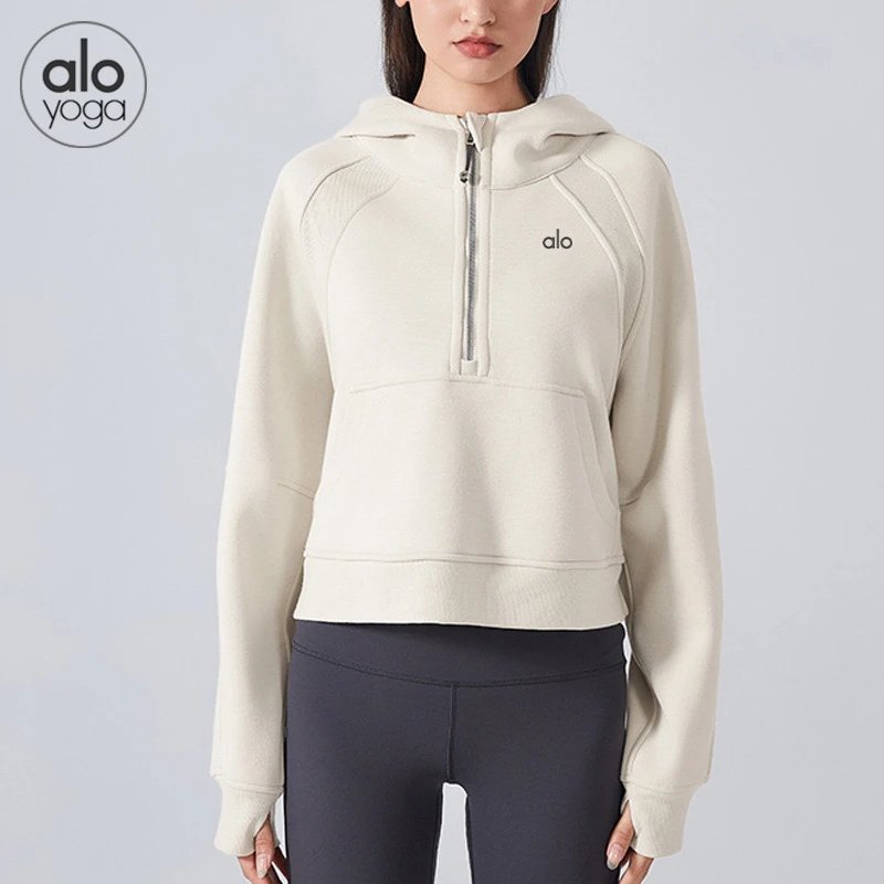 Alo Yoga Hoodies & Sweatshirts Quarter-Zip Pullover Hoodie with Kangaroo Pocket — Albumin