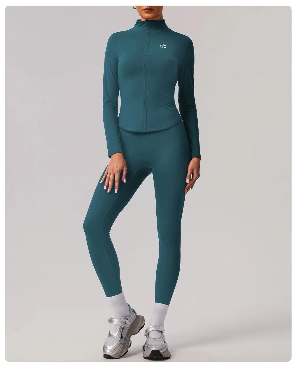 Alo Long Sleeve Zip-Up Jacket Teal Activewear Set - 19
