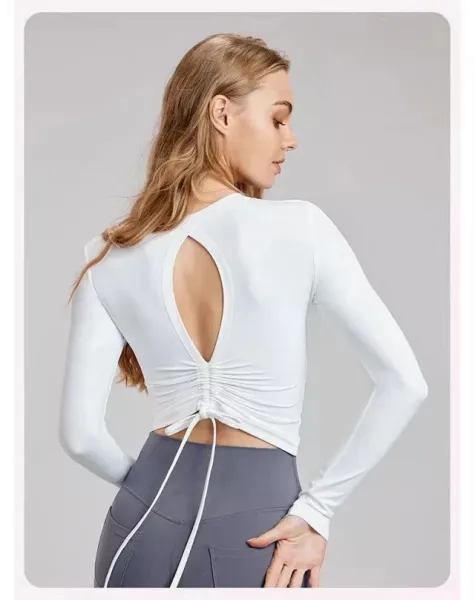 Design Long Sleeve Ruched Back Cutout Top in Light Blue Activewear - 23