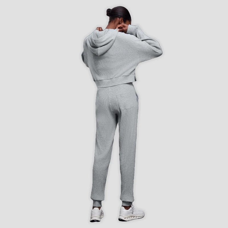 Alo Ribbed Cropped Hoodie and Sweatpants Set Gray - 13