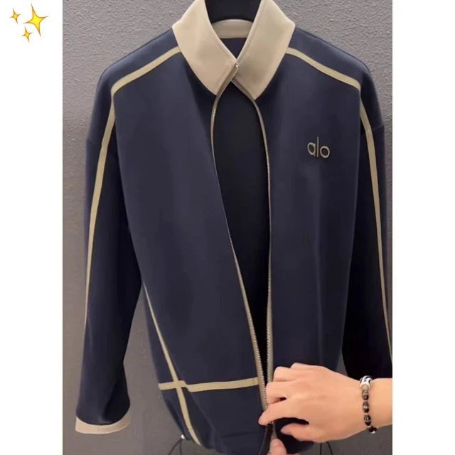 Alo Studio Track Jacket Light Gray with Navy Trim Outerwear - 12
