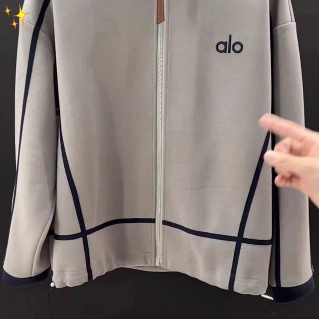Alo Studio Track Jacket Light Gray with Navy Trim Outerwear - 14