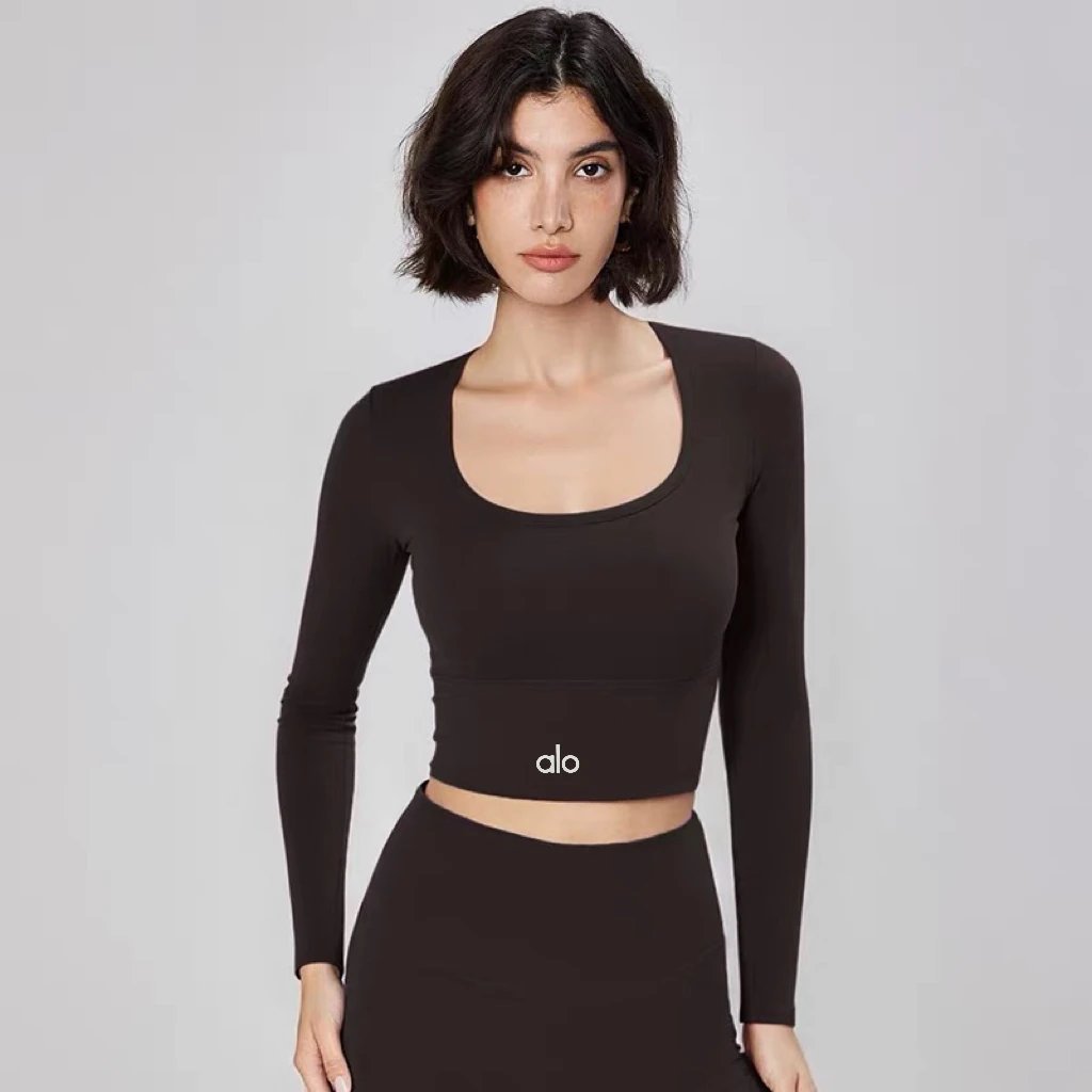 Alo Yoga Long Sleeve Crop Top Beige Activewear - 8