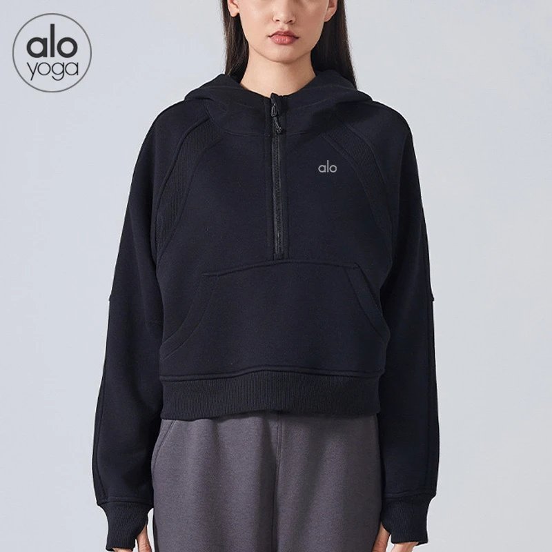 Alo Yoga Hoodies & Sweatshirts Quarter-Zip Pullover Hoodie with Kangaroo Pocket — Black