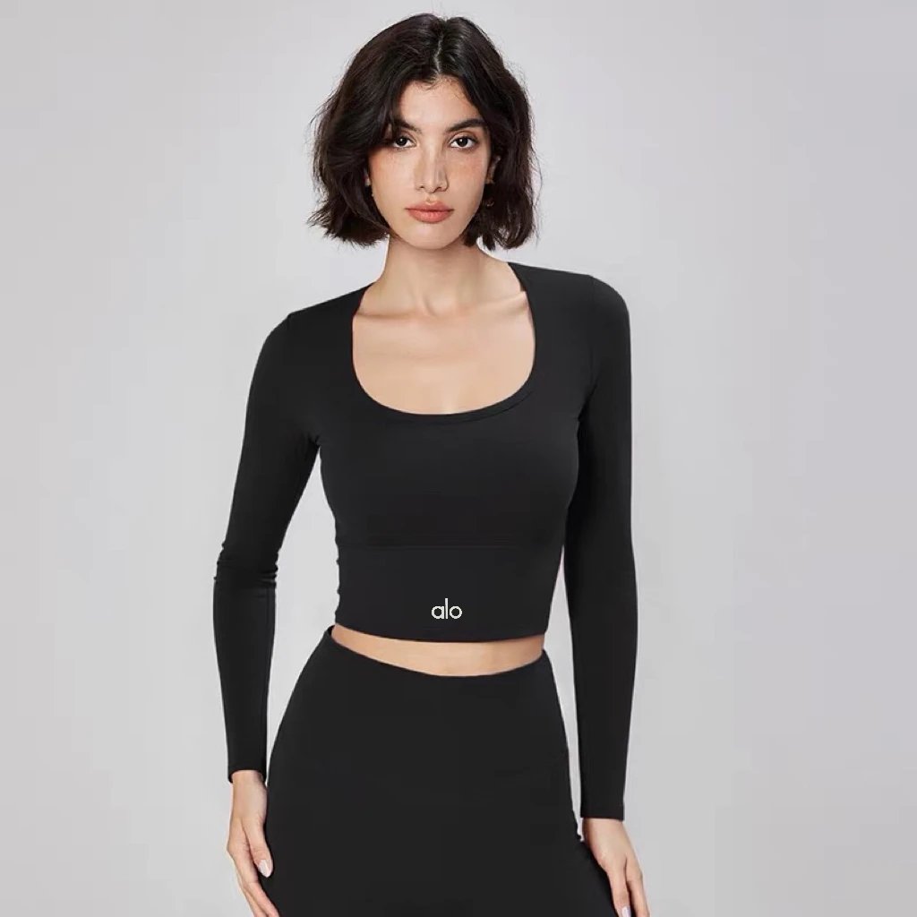 Alo Yoga Long Sleeve Crop Top Beige Activewear - 9