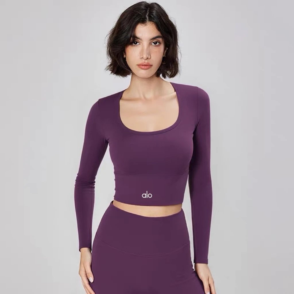 Alo Yoga Long Sleeve Crop Top Beige Activewear - 7