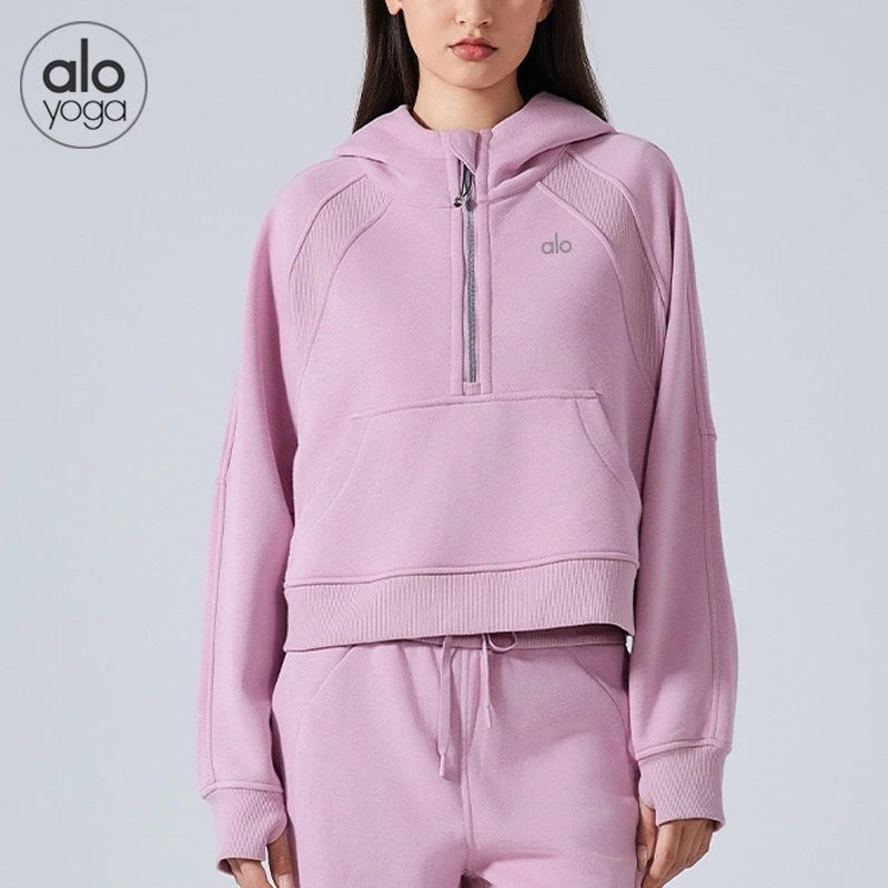 Alo Yoga Hoodies & Sweatshirts Quarter-Zip Pullover Hoodie with Kangaroo Pocket — Pink peony