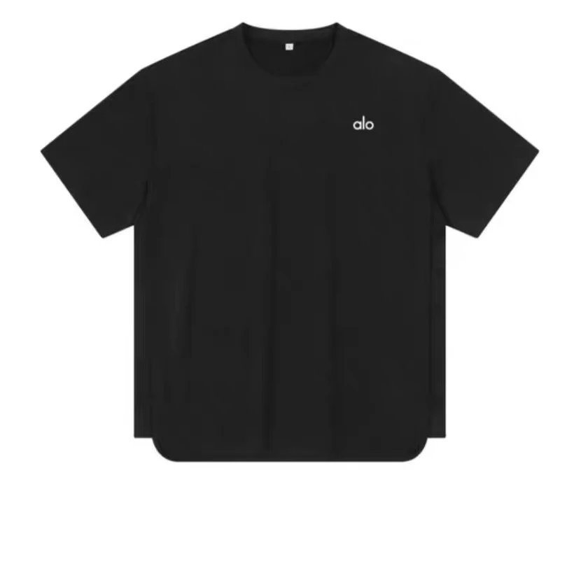 Alo T-Shirts Oversized drop-shoulder curved-hem short-sleeve T-shirt — Black