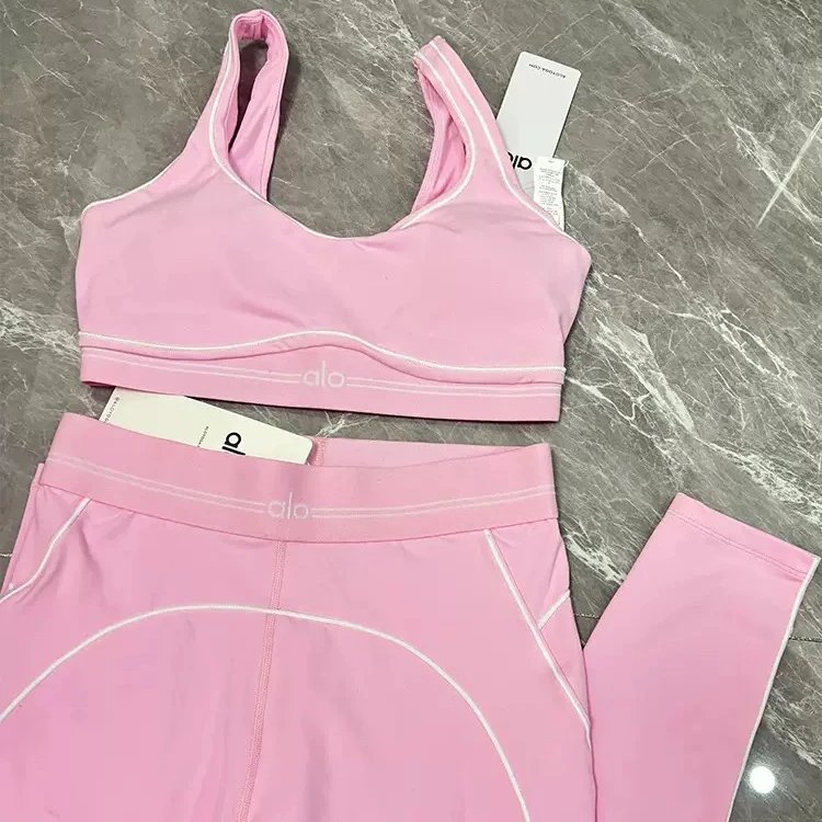 Alo Yoga Matching Sets Sports Bra and High-Waisted Leggings Set with Contrast Piping — Pink