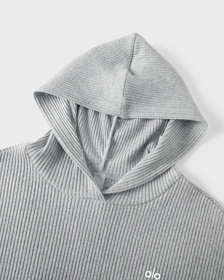 Alo Ribbed Cropped Hoodie and Sweatpants Set Gray - 16